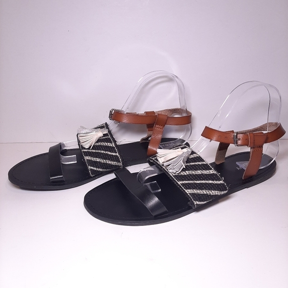 3/$20 OLD NAVY Woven Tribal Tasseled Faux Leather Sandals Flats Shoes Black - Picture 4 of 11